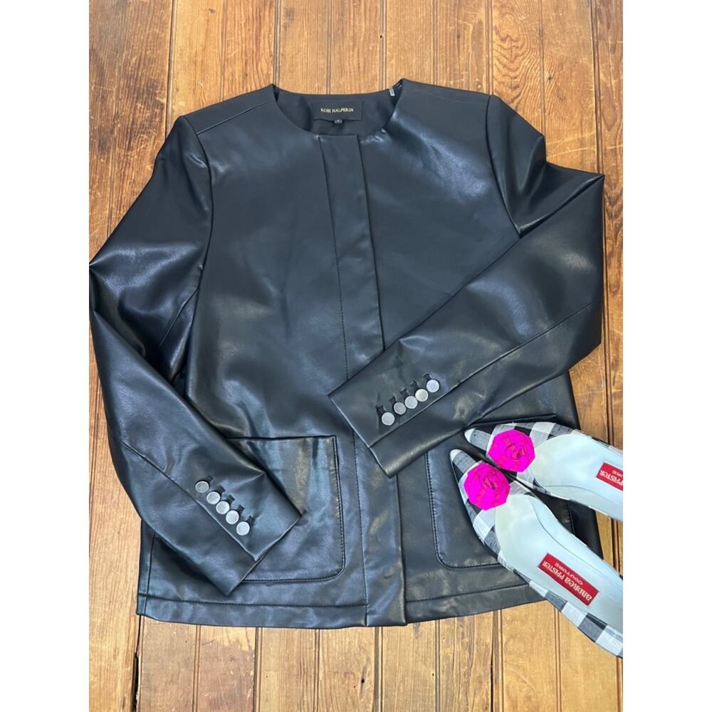 Kobi Halperin Women’s Black Faux Leather Collarless Jacket